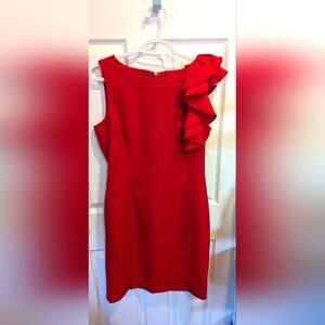 💙 CALVIN KLEIN 💙 Red Sheath Dress with Ruffle